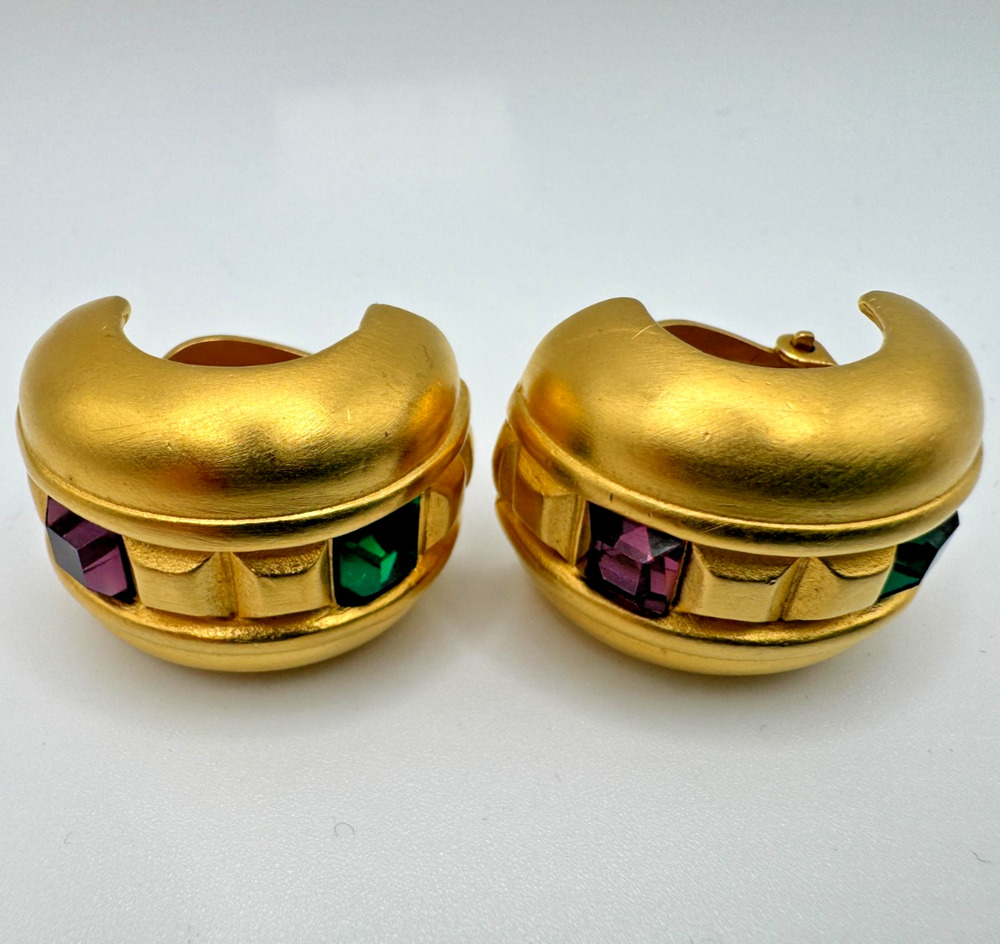 Vintage Givenchy "Grepu" Gold Tone Clip Earrings Purple Green Crystals Statement